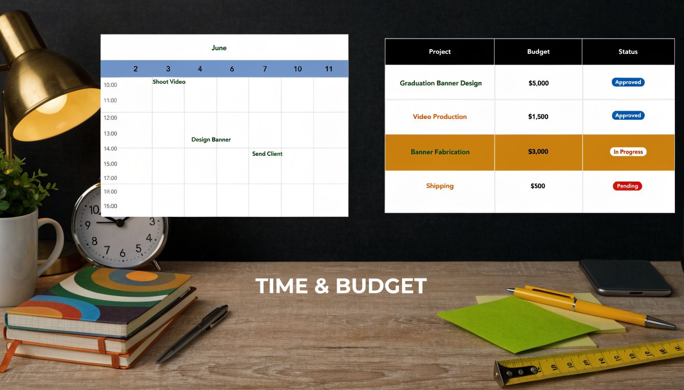 A professional workspace displaying a calendar schedule and budget tracker for graduation banner projects on a desk.