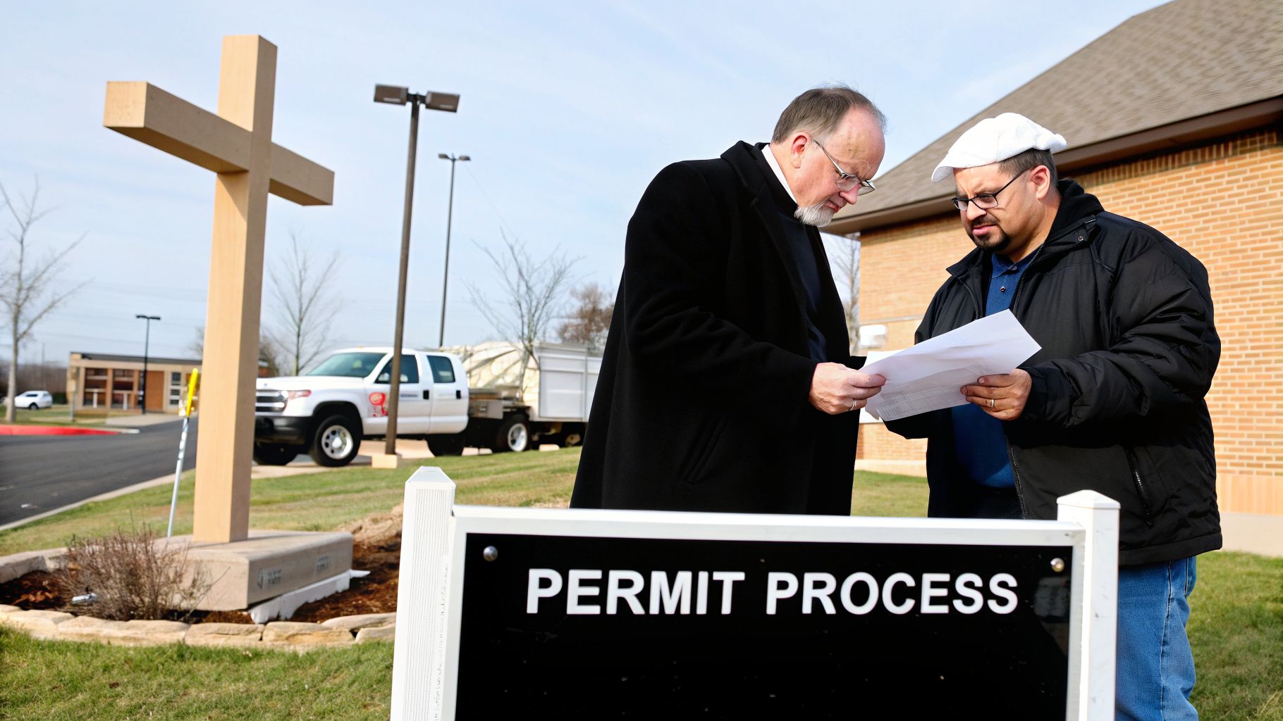 Two men discuss permit paperwork outdoors near a large cross and a sign reading "Permit Process".