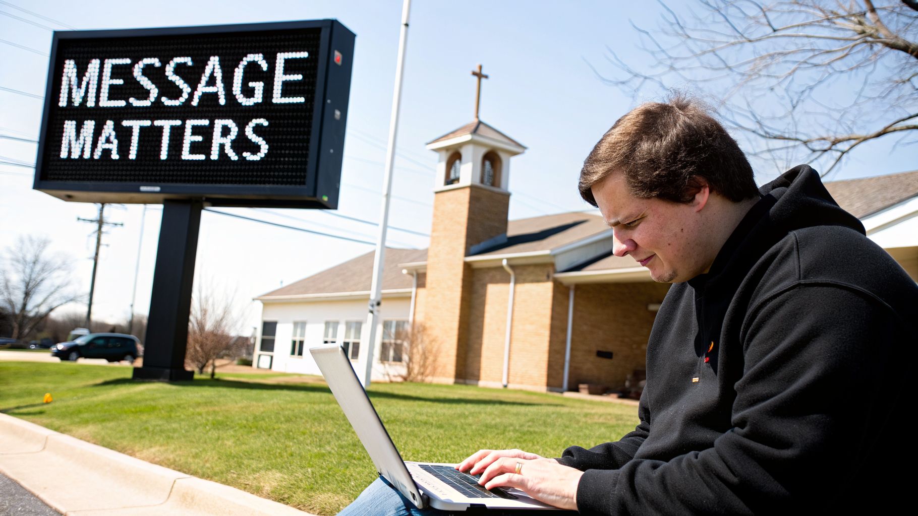A man using a laptop outdoors, with an LED sign reading "MESSAGE MATTERS" and a church in the background.