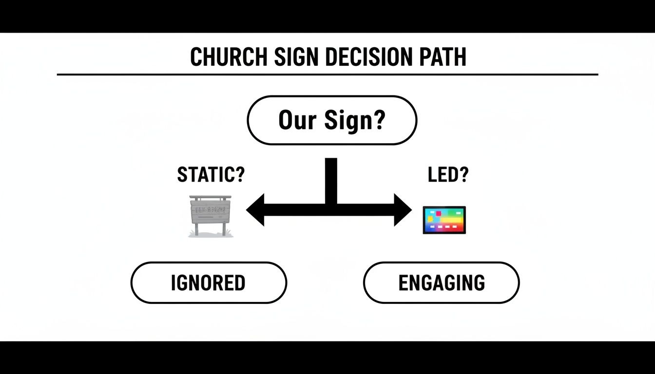 Flowchart illustrating the church sign decision path: static signs are ignored, while LED signs are engaging.