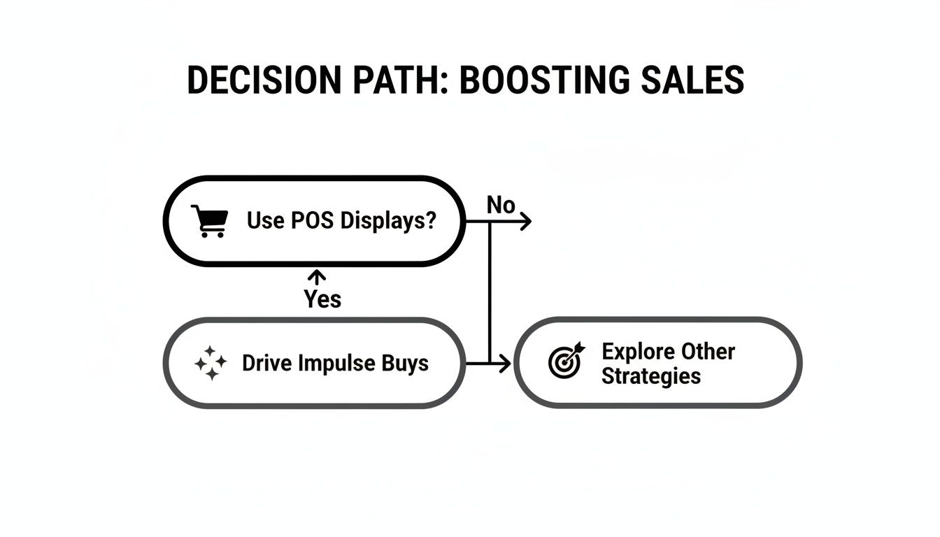 Decision path diagram on boosting sales, considering point-of-sale displays for impulse buys or other strategies.