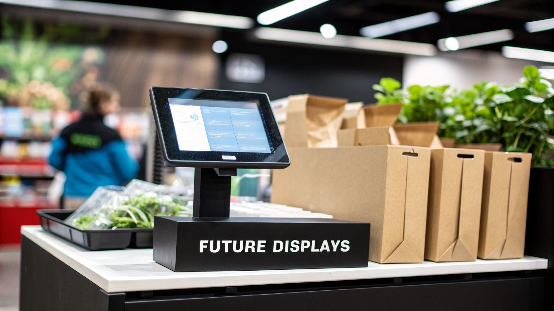 A retail store checkout counter featuring a touchscreen display, fresh produce, and brown shopping bags.