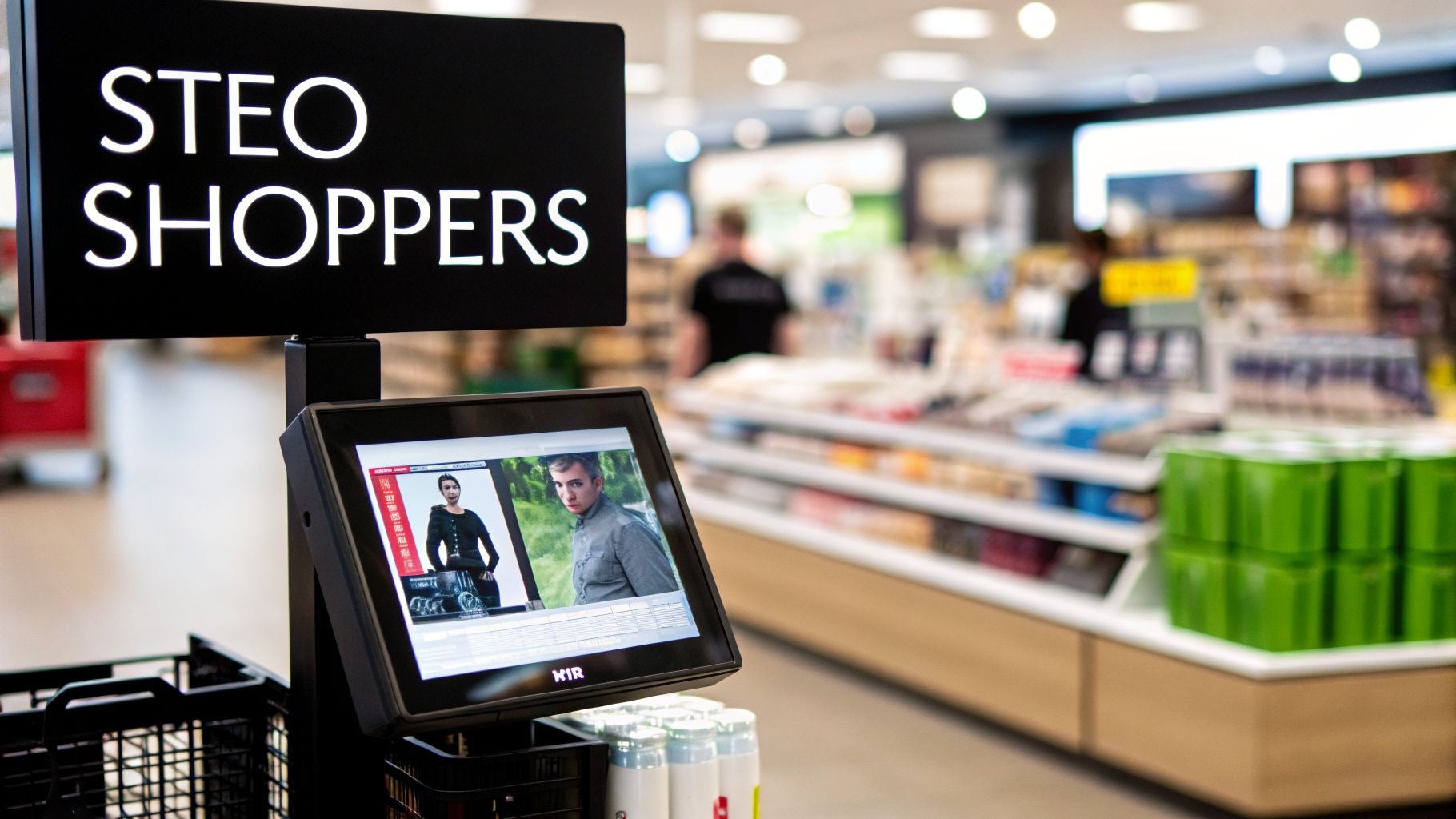 A digital point-of-sale display in a retail store, showing fashion models and products.