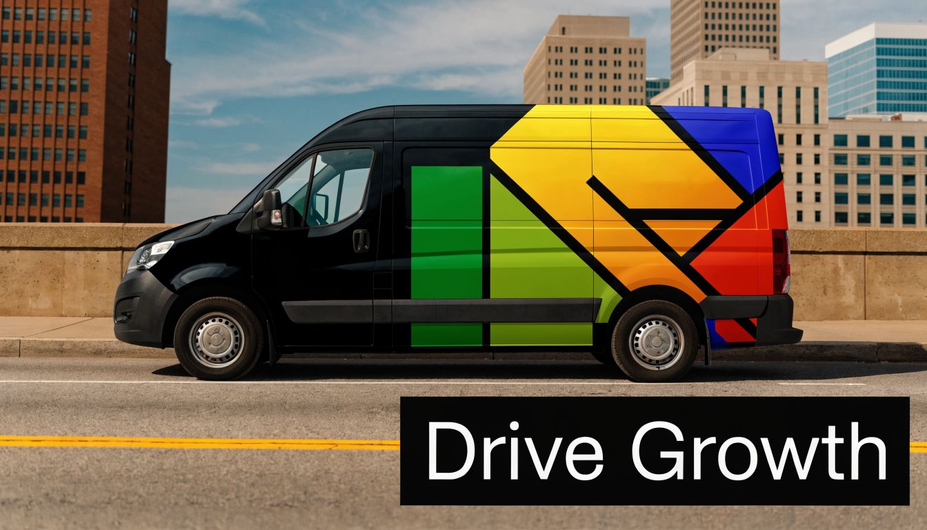 A modern black cargo van featuring a colorful geometric design parked on a city street.