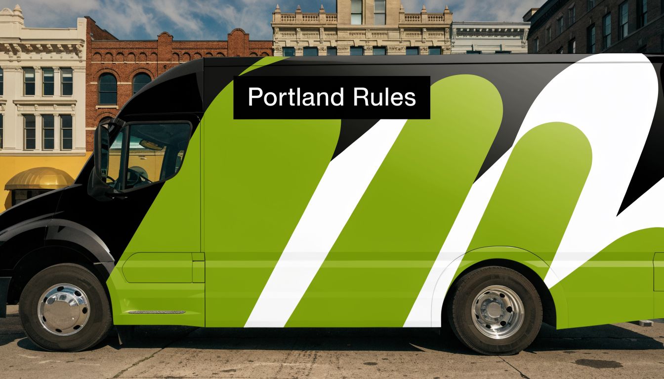 A modern black delivery van featuring vibrant green and white geometric designs parked on a city street.