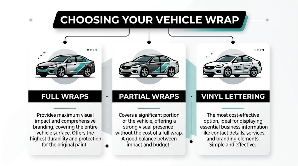A guide illustrating different types of vehicle advertising including full wraps, partial wraps, and vinyl lettering.