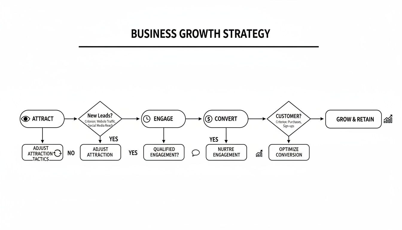 Detailed flowchart outlining a business growth strategy, covering attraction, engagement, conversion, and retention.