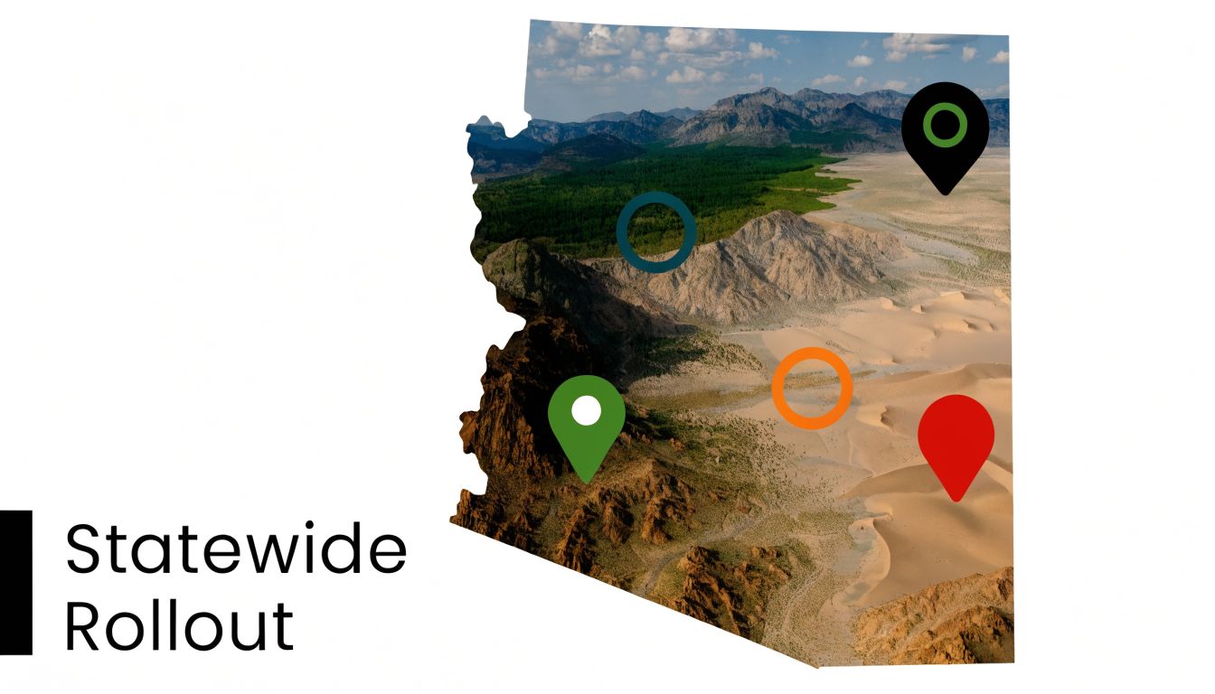 A map of Arizona shaped with a mountain and desert landscape featuring several colored location pin icons.