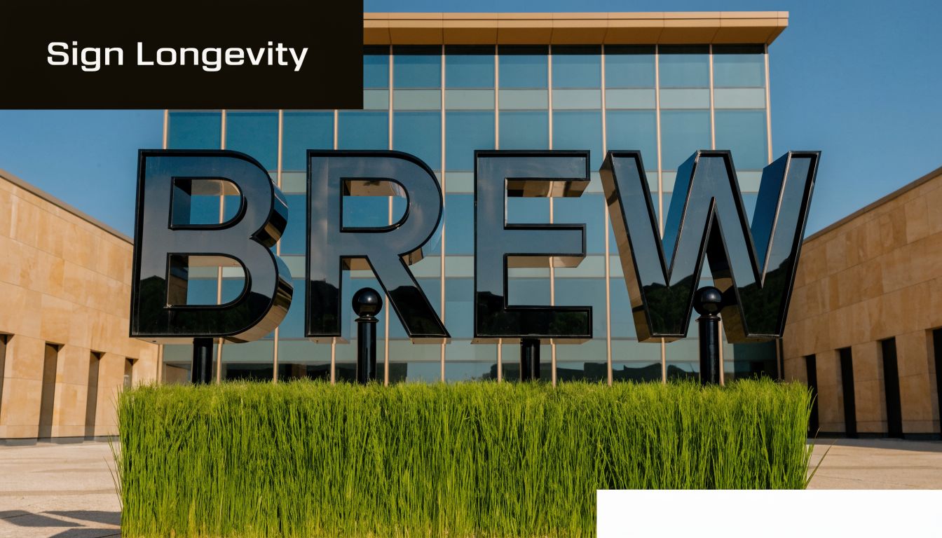 Large black BREW letters standing behind green grass in front of a modern glass office building.