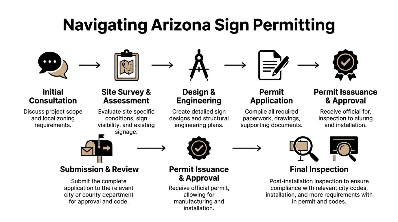 A flowchart infographic outlining the step-by-step process for obtaining sign permits in the state of Arizona.