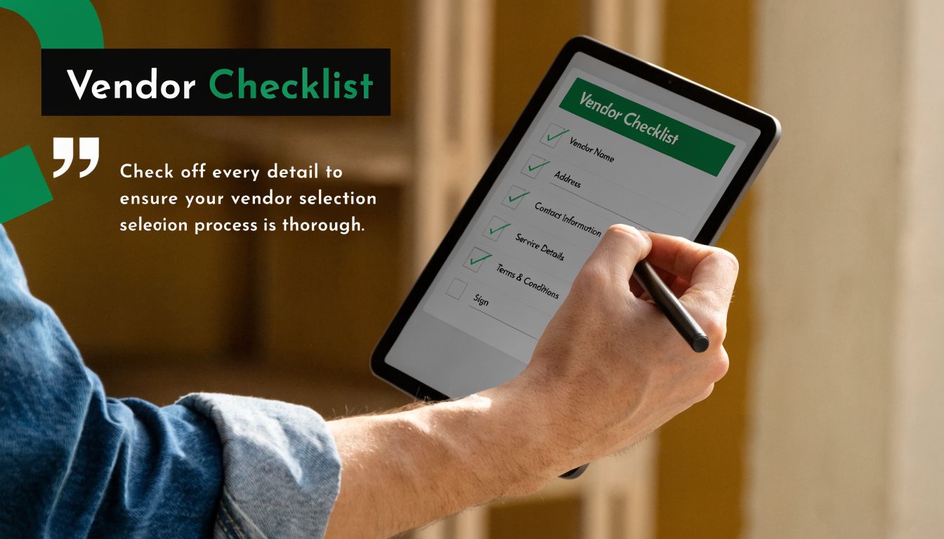 A person using a stylus to check off items on a digital vendor checklist on a tablet.