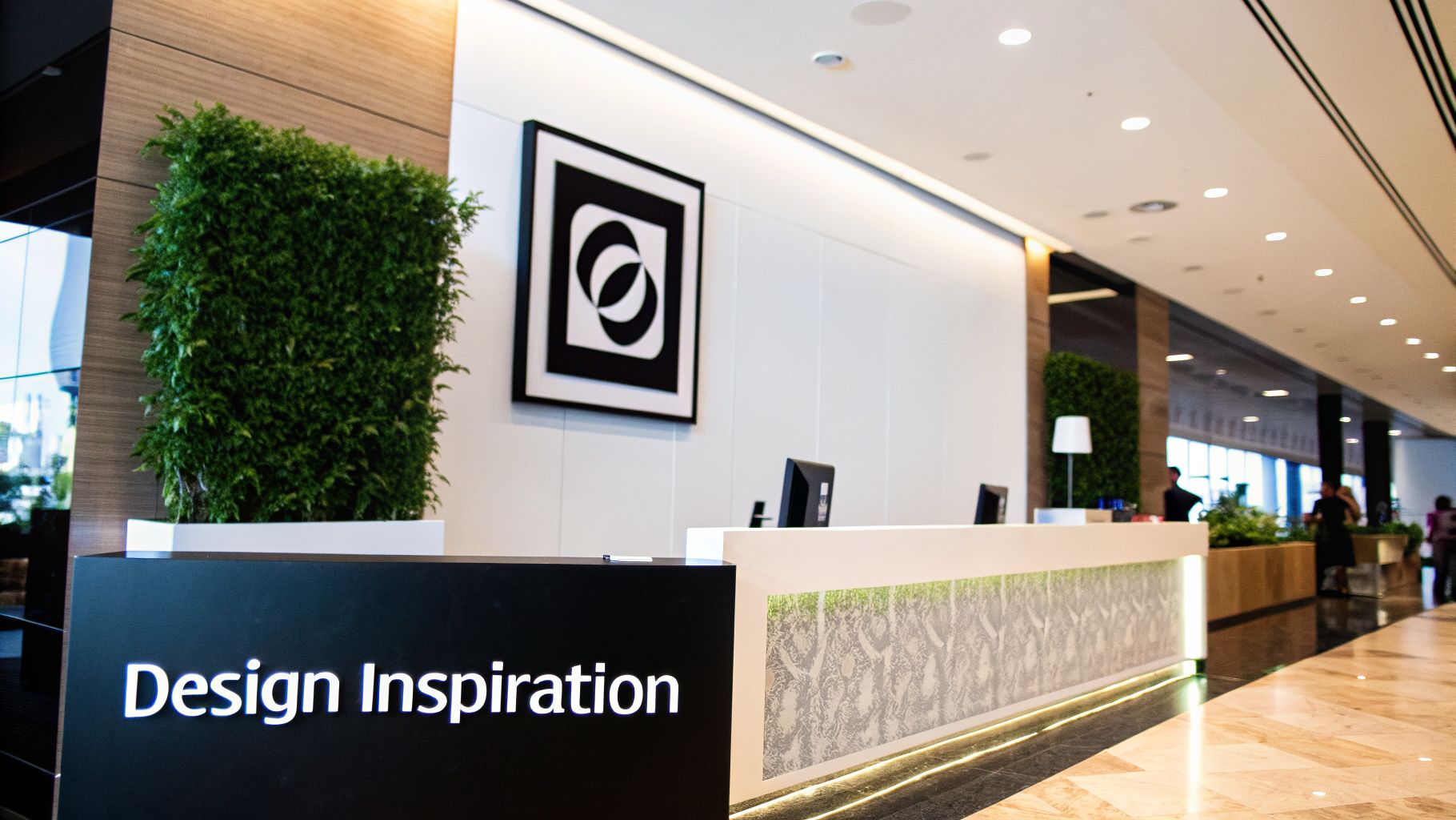 Modern reception area with a 'Design Inspiration' sign, lush green wall, and abstract artwork.