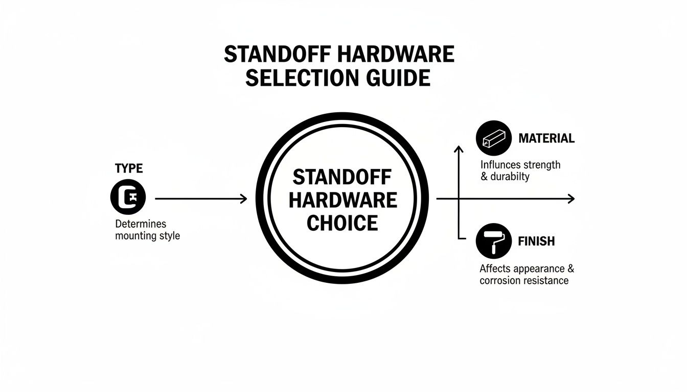 A guide for selecting standoff hardware based on type, material, and finish.