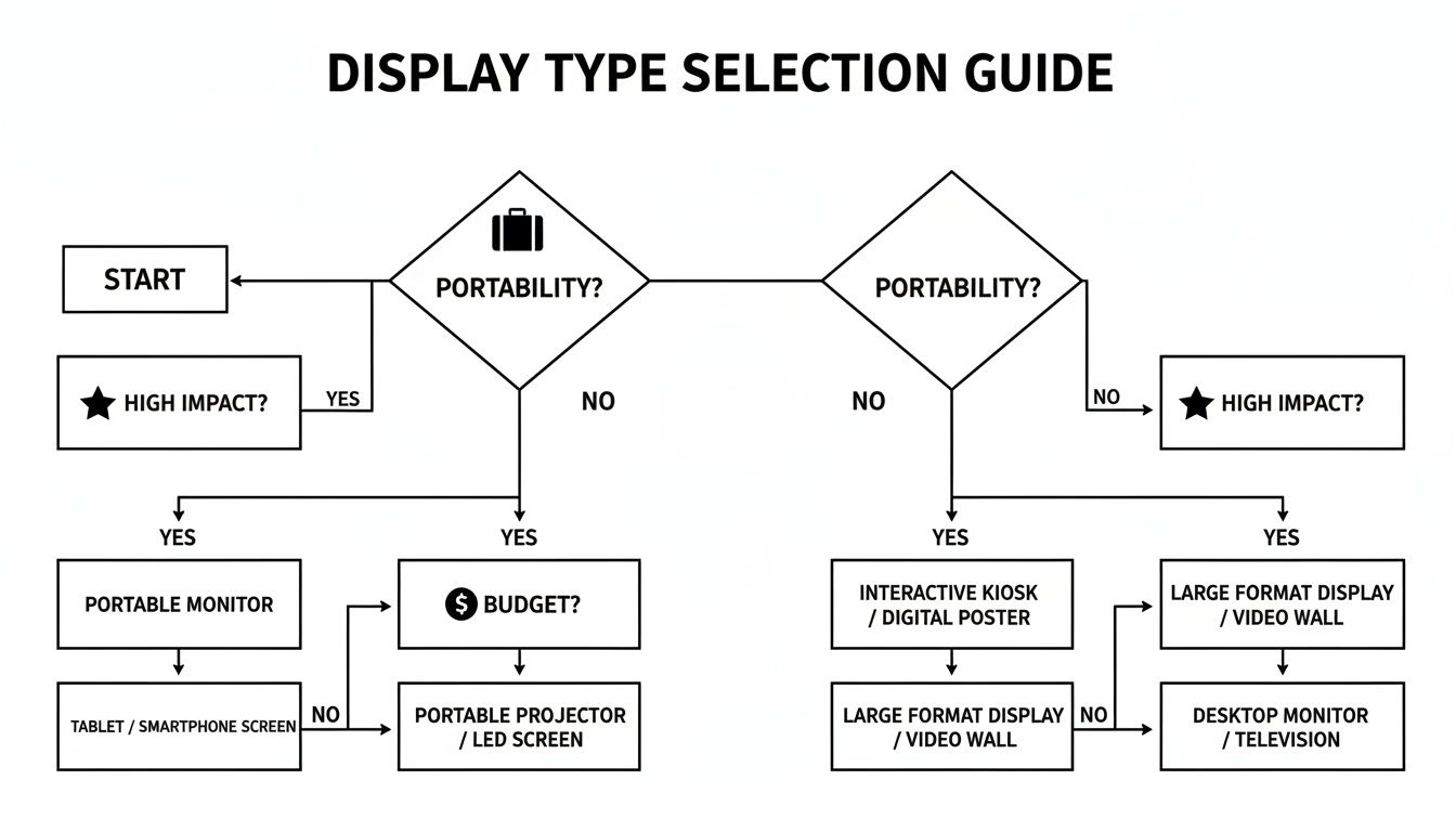 A flowchart guiding the selection of display types based on portability, impact, and budget.