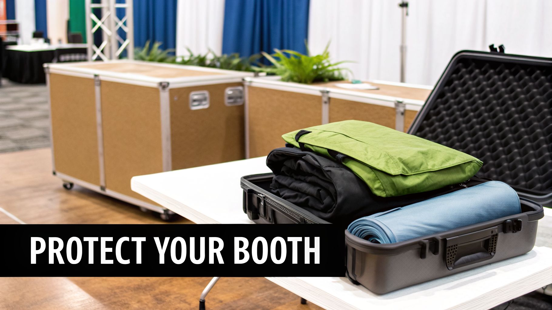 A trade show booth setup with wooden shipping crates, plants, and an open hard case with folded garments.