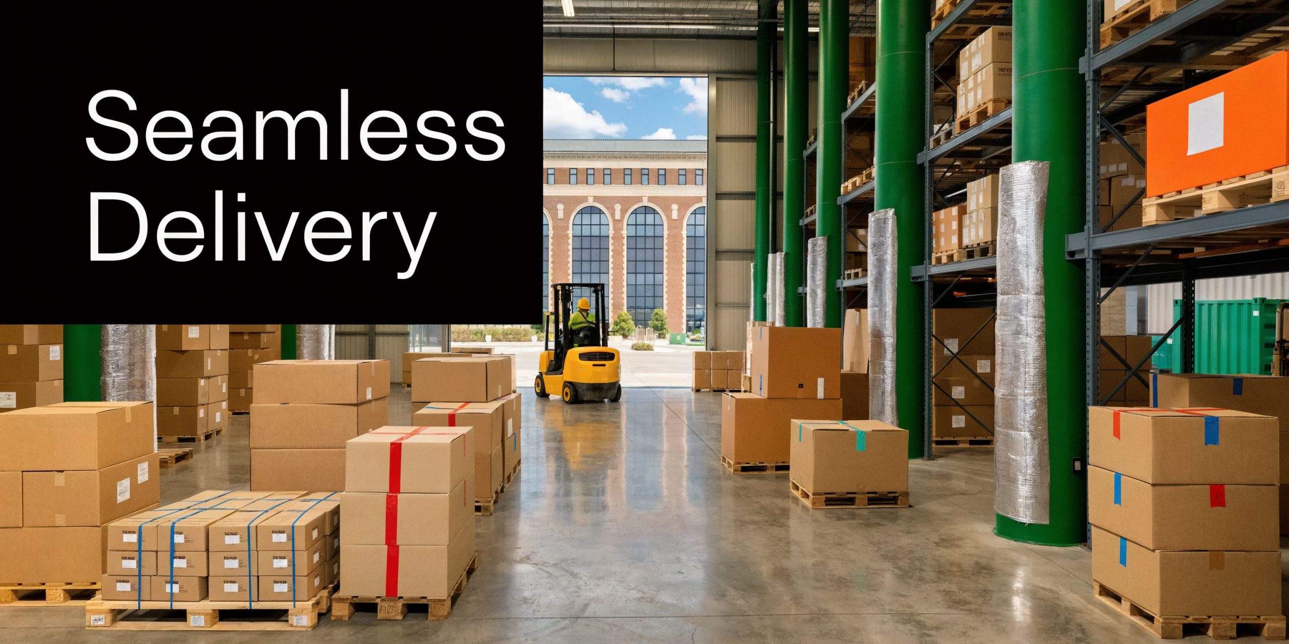 A forklift driver moving cardboard boxes in a large warehouse with a modern industrial facility in view.