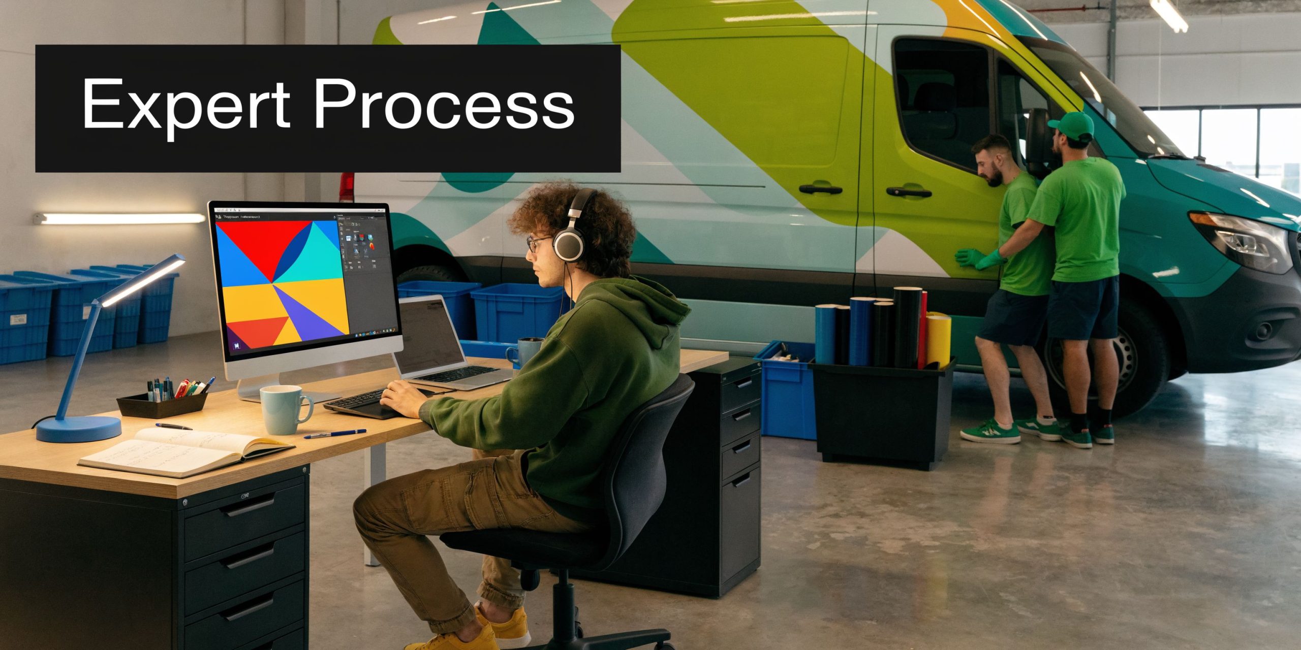 A graphic designer works at a desk while team members apply professional vehicle wraps to a van.