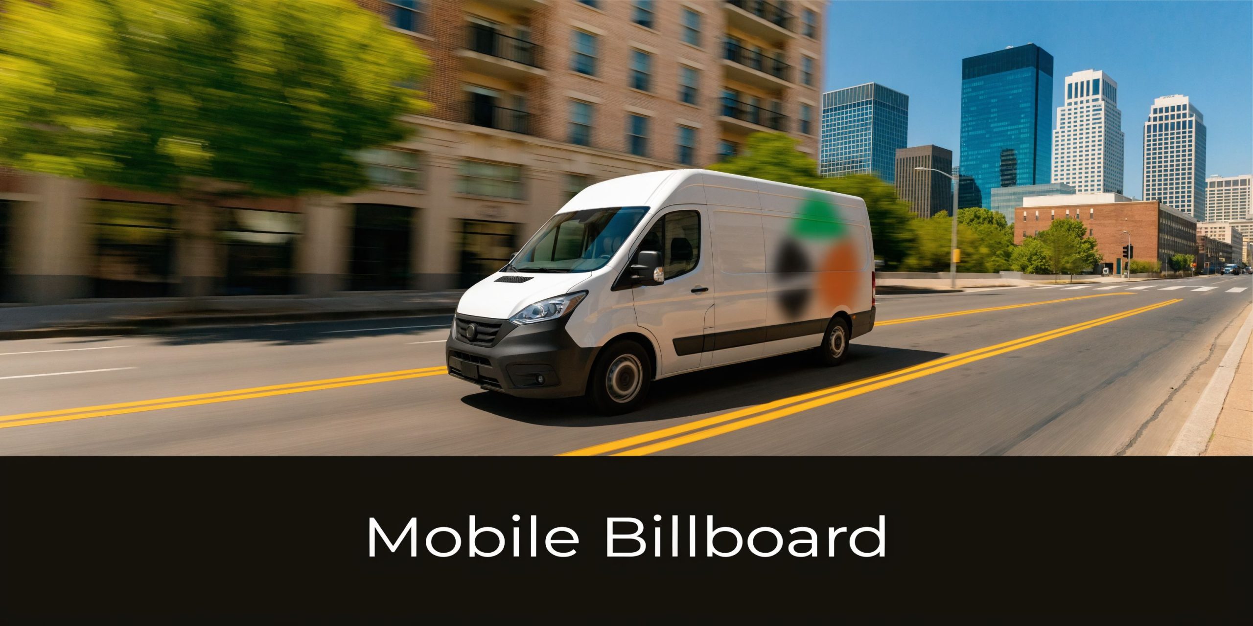 A white cargo van with a blurry logo driving on an urban city street for advertising.