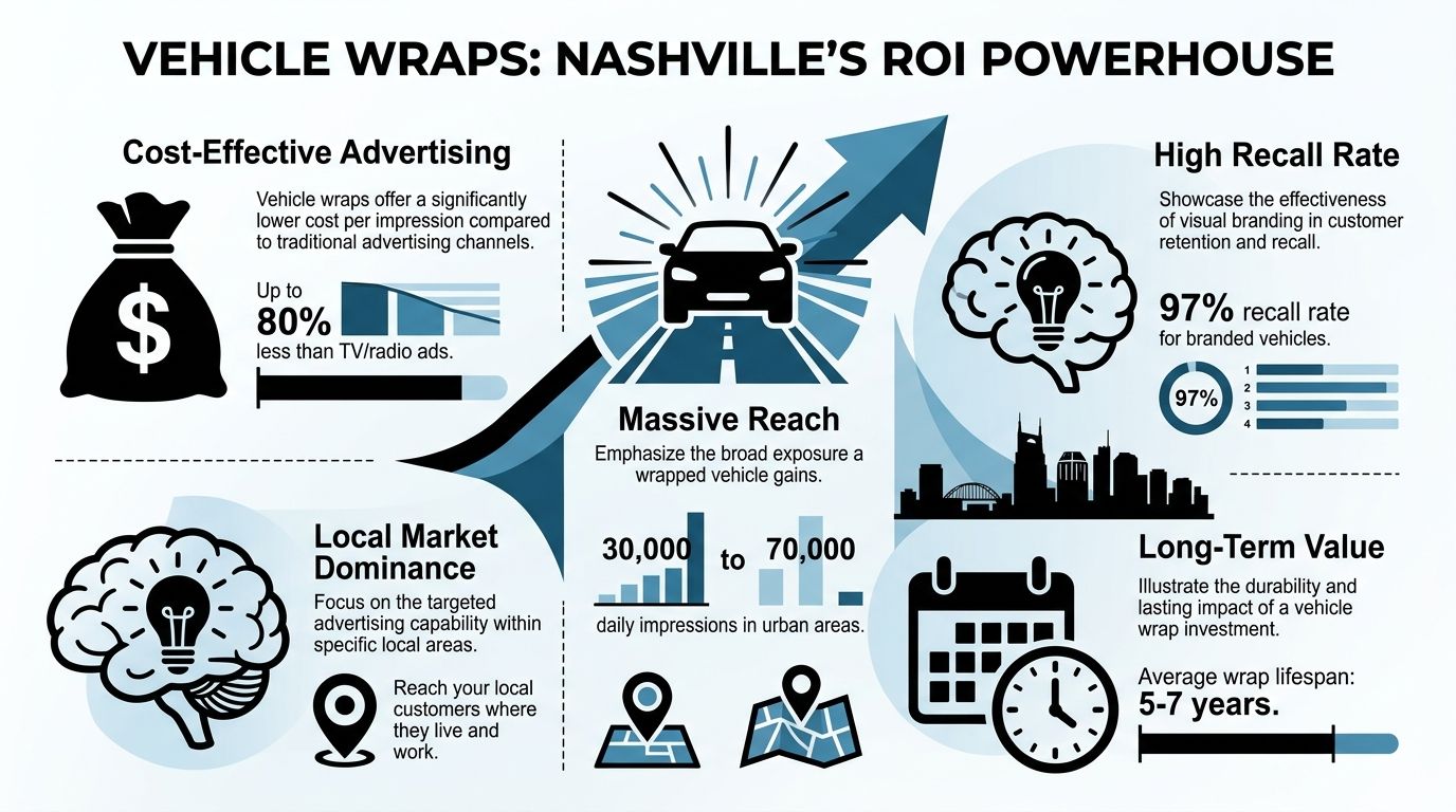 An infographic titled Vehicle Wraps Nashville's ROI Powerhouse, highlighting benefits like cost-effectiveness, recall rates, reach, and durability.