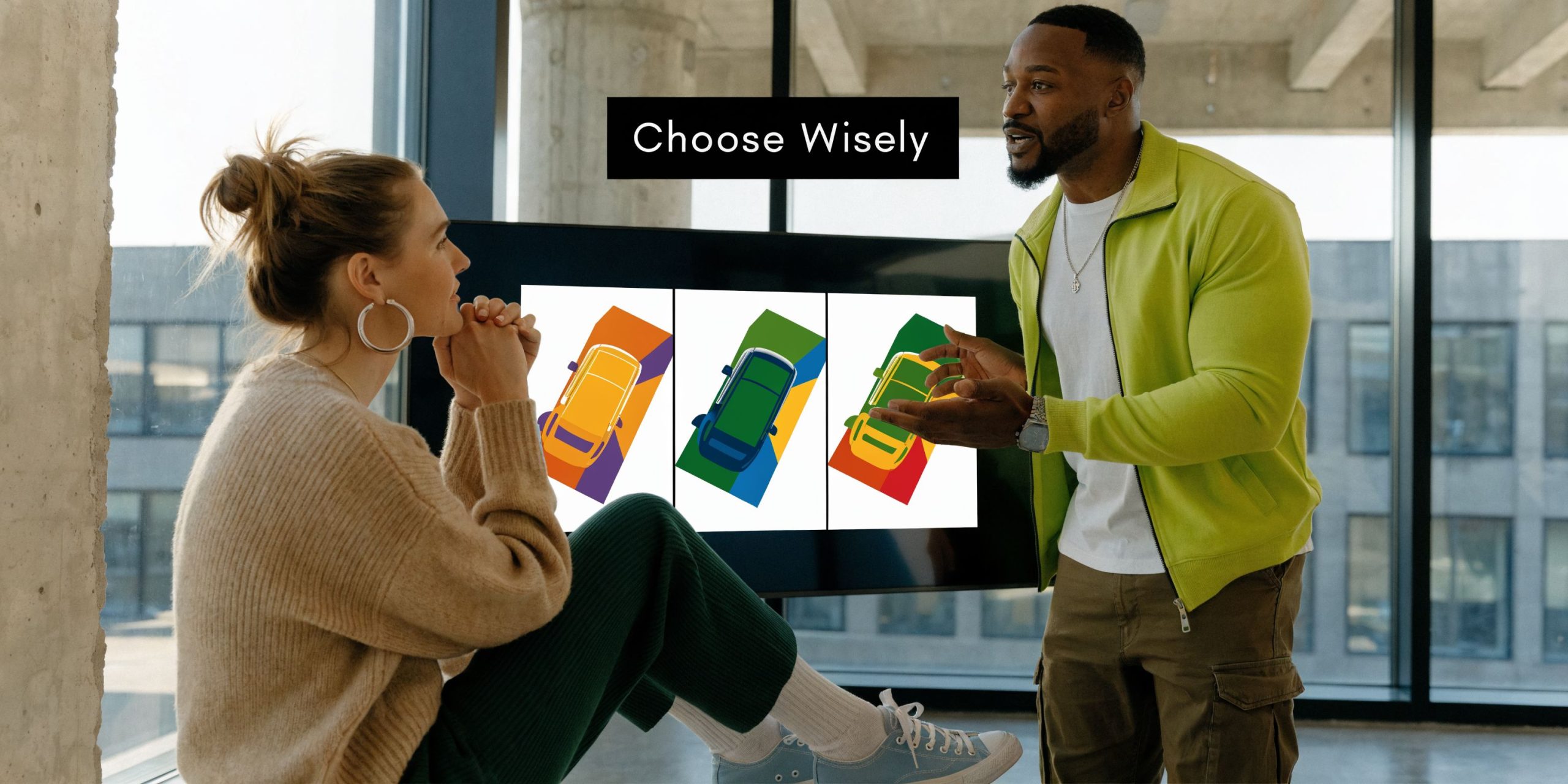A man and woman standing in an office discussing car color options displayed on a screen.
