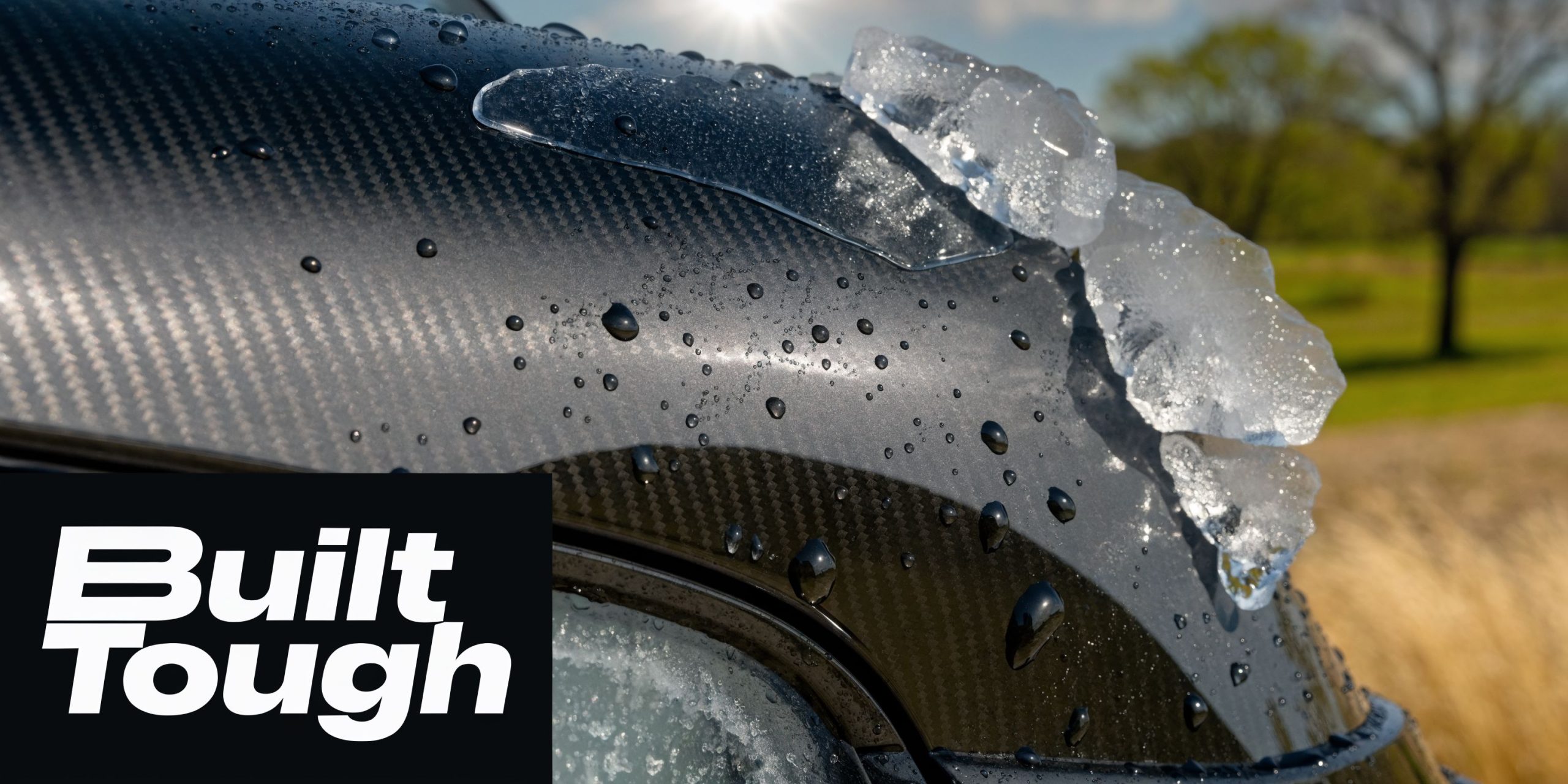 A close-up of a dark carbon fiber car body covered with water droplets and jagged ice chunks.