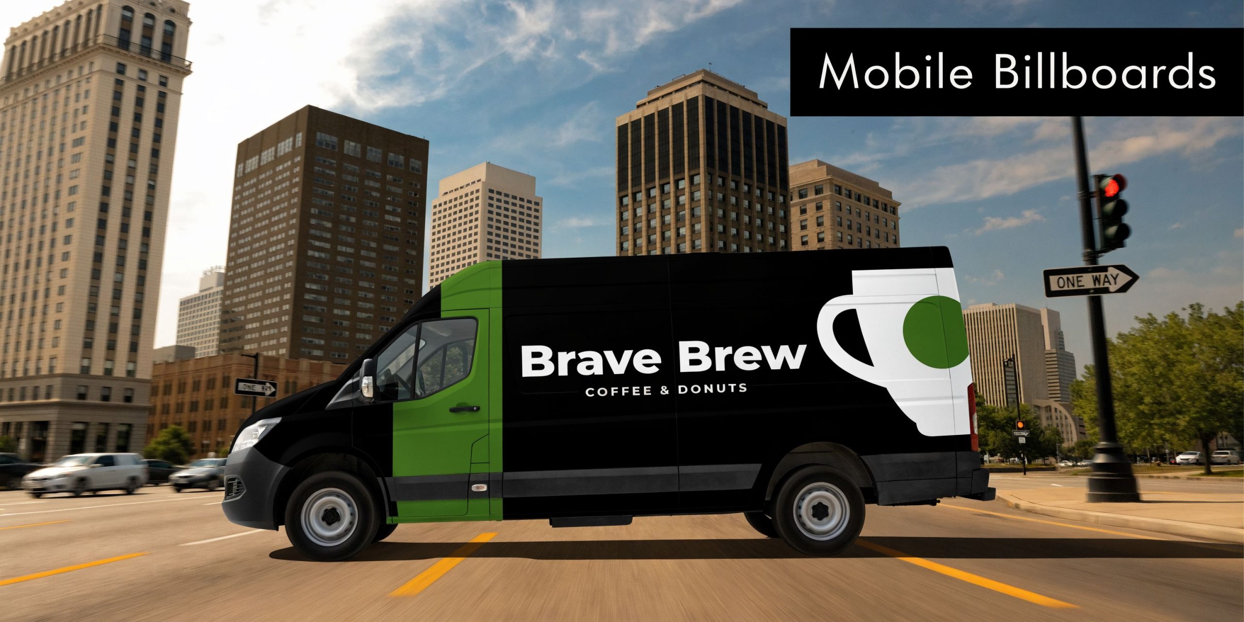 A commercial van with a Brave Brew logo driving through a city with tall office buildings.