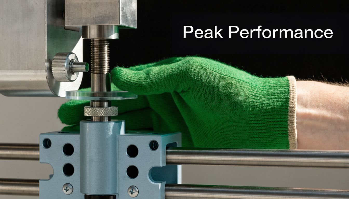 A gloved hand adjusting a threaded bolt on a precision machine, emphasizing peak performance and industrial accuracy.