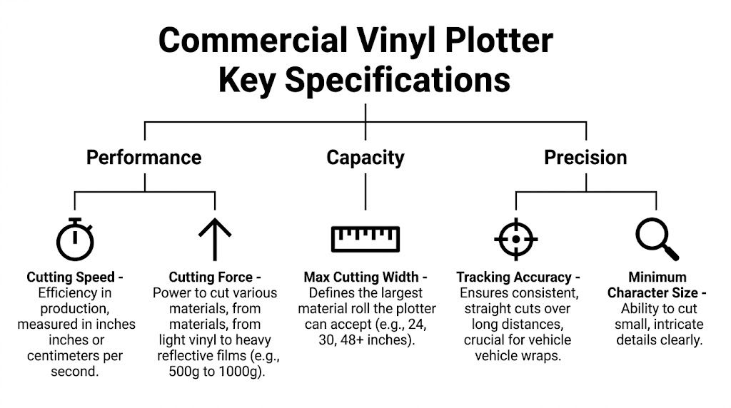 A diagram outlining the key performance, capacity, and precision specifications for commercial vinyl plotter cutting machines.