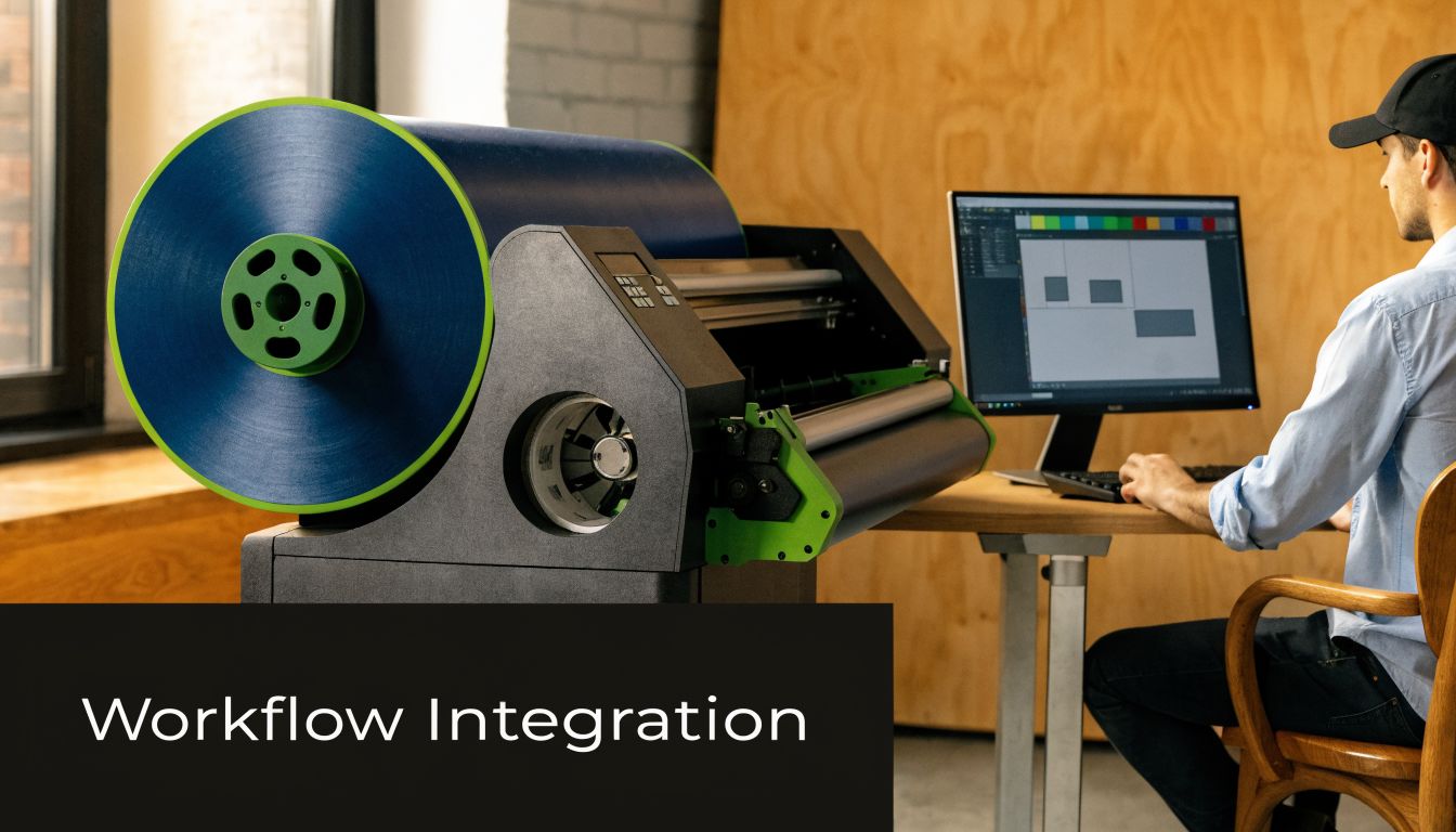A professional operator uses computer software to control a large format vinyl plotter machine in an office.