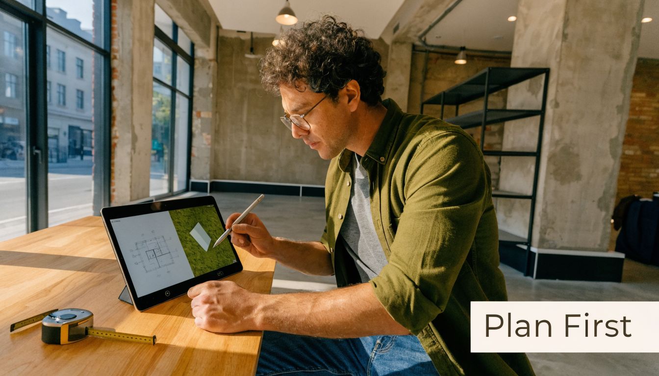 A male architect sitting at a wooden table using a digital tablet to design floor plans.