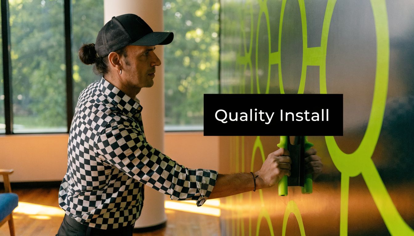 A professional installer carefully applying a modern green wall graphic design to an office wall surface.