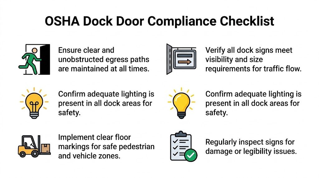 An OSHA dock door compliance checklist infographic showing safety requirements for warehouse loading dock areas.