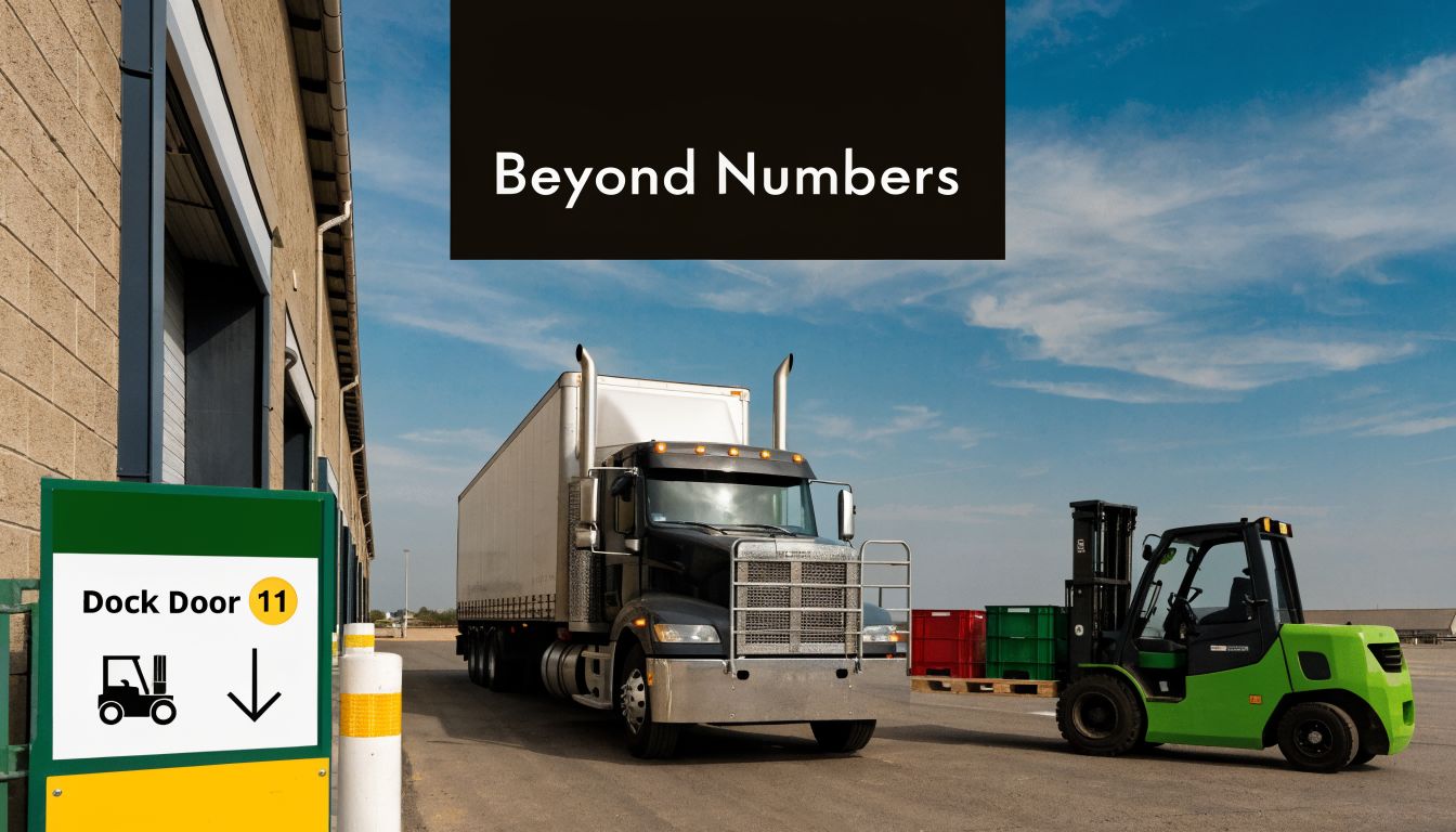 A forklift carrying a crate next to a semi-truck at a warehouse facility with dock door signage.