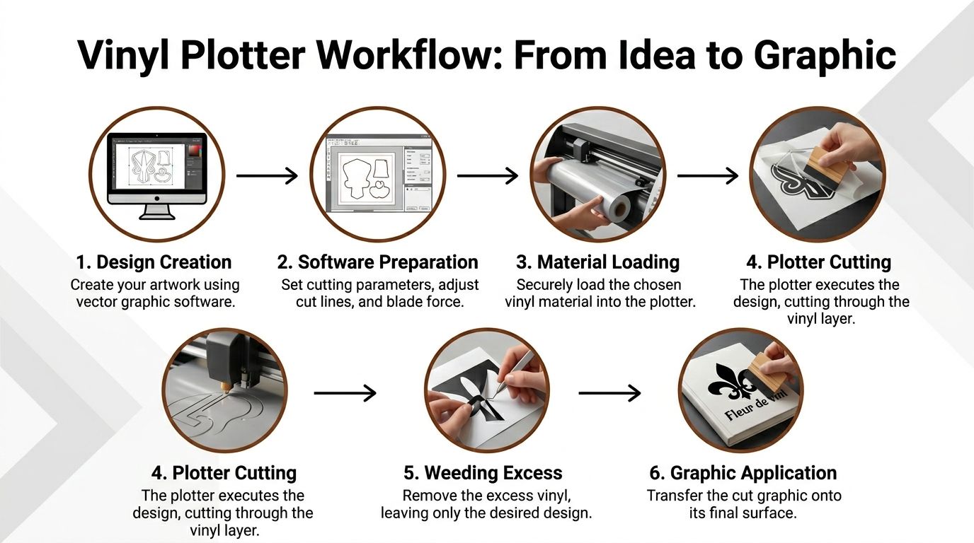 A six-step infographic illustrating the professional workflow of creating custom graphics using a vinyl cutting plotter machine.