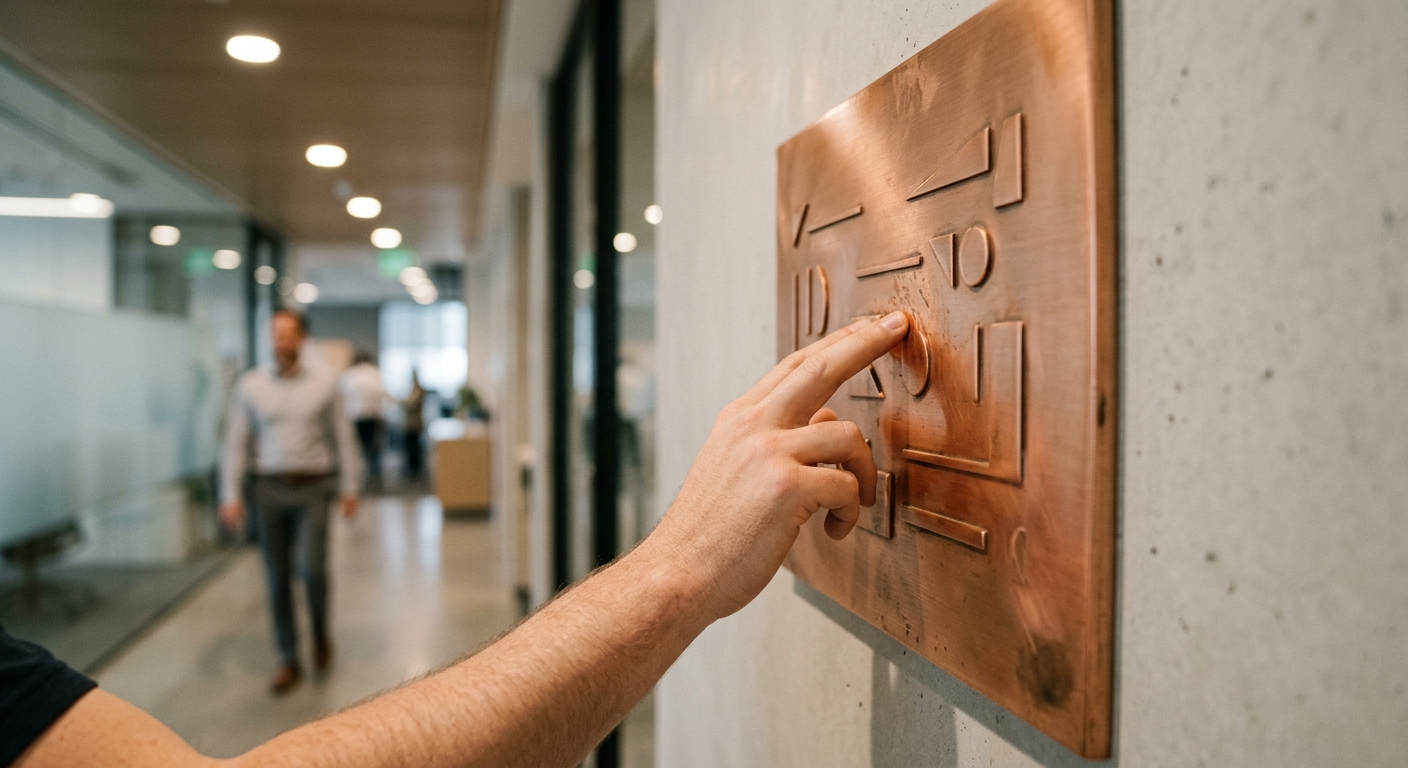 Fingers trace raised shapes on a brushed-copper wall plaque in a modern hallway under warm recessed lighting.