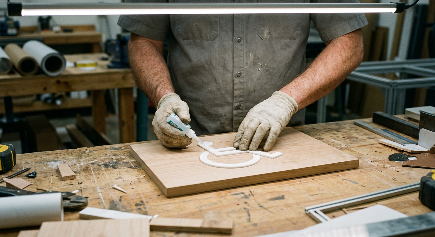 Under bright overhead LED task lighting, a fabricator’s hands carefully glue a raised, blank plastic wheelchair pictogram onto a smooth wooden plaque resting on a cluttered workshop workbench.