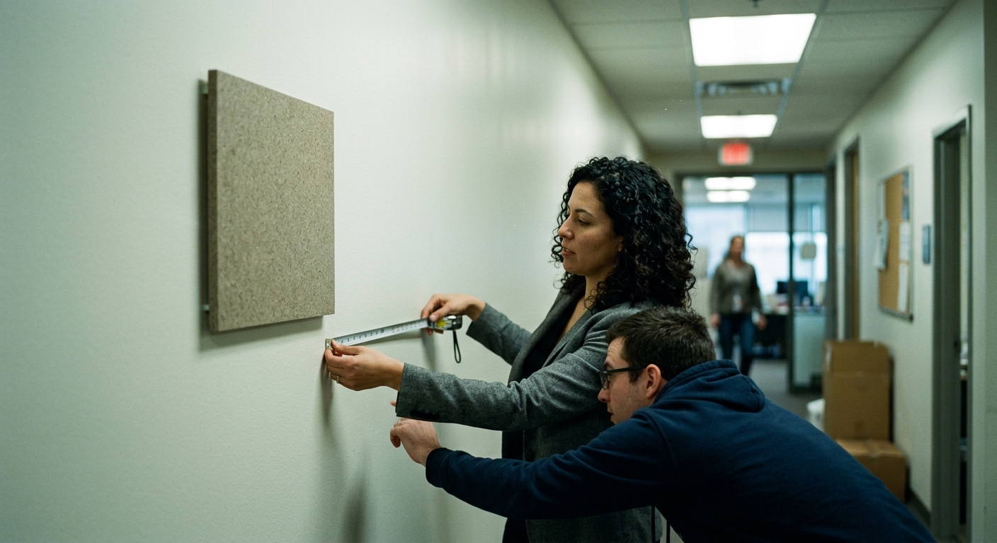 Illuminated by bright fluorescent light, a project manager holds a tape measure against an office hallway wall, showing a developer the precise mounting height for a blank, textured plaque.
