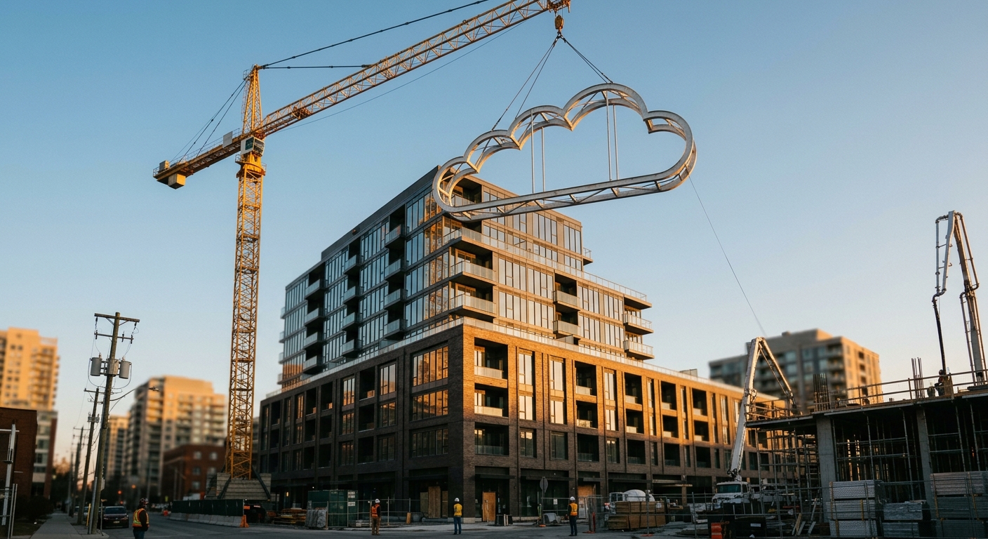 Yellow crane hoists a massive cloud-shaped metal frame against a glass and brick high-rise in morning sunlight.