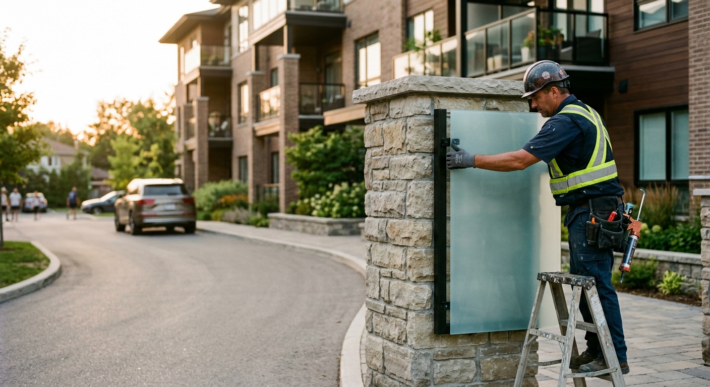 Construction worker installs blank frosted glass panels on a freestanding stone driveway pillar in golden light.