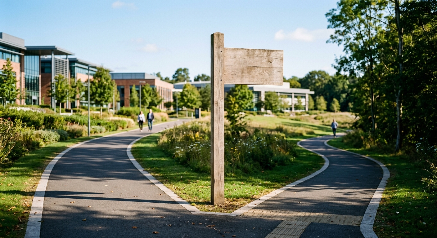 Blank wooden post-and-panel structure at a fork in a winding paved pathway on a sunny corporate campus.