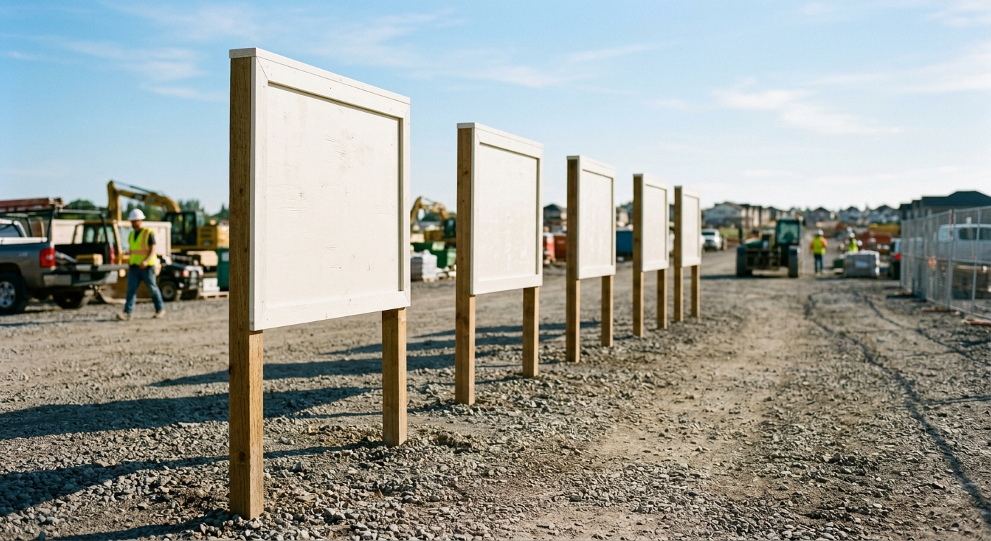 A row of freshly painted, blank wooden post-and-panel sign frames lined up in a sunlit gravel yard.