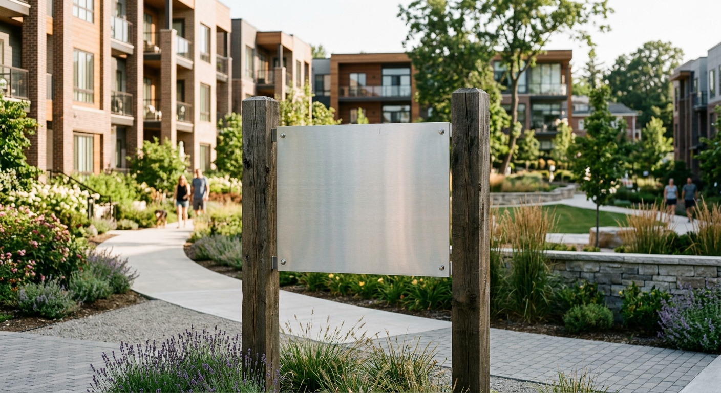 Blank brushed-aluminum panel between two thick wooden posts at a landscaped entrance in soft morning sunlight.