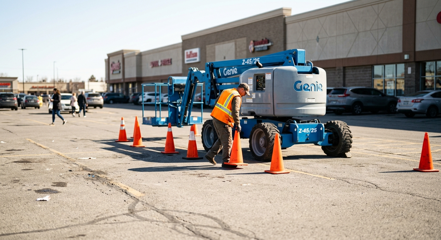 A worker in a high-visibility vest places orange cones around a parked boom lift in a sunny asphalt retail plaza.