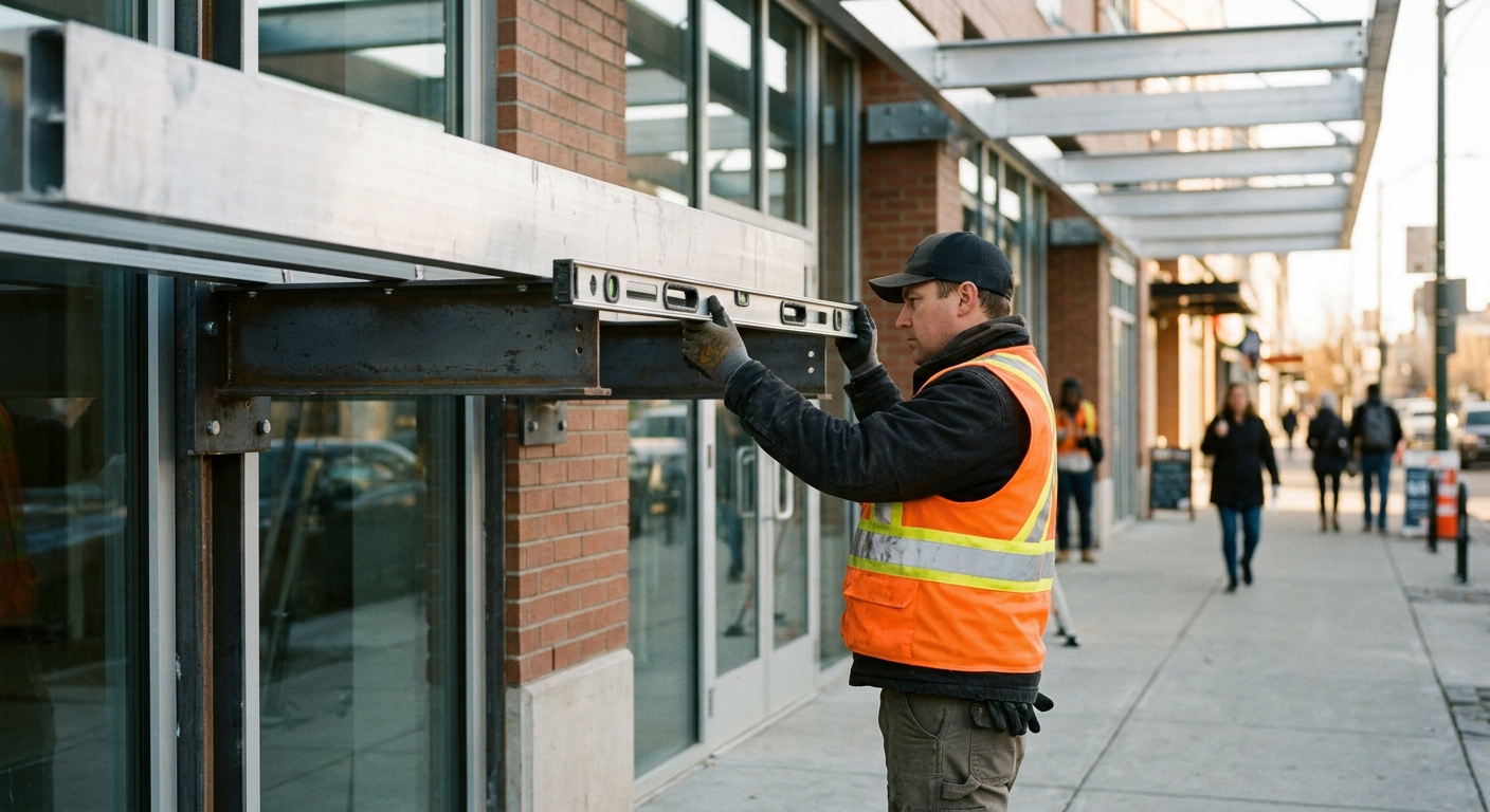 A project manager in a high-visibility vest holds a silver spirit level against the steel mounting brackets of a newly installed aluminum structure outside a commercial storefront under crisp morning sunlight.