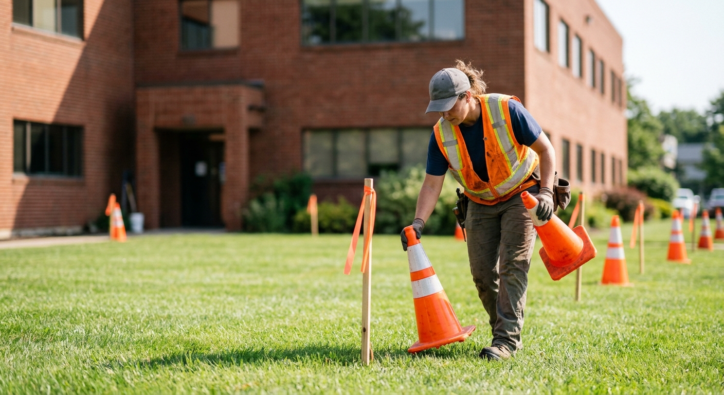 Worker in high-vis vest places orange cones around wooden stakes on a sunlit lawn by a brick commercial building.
