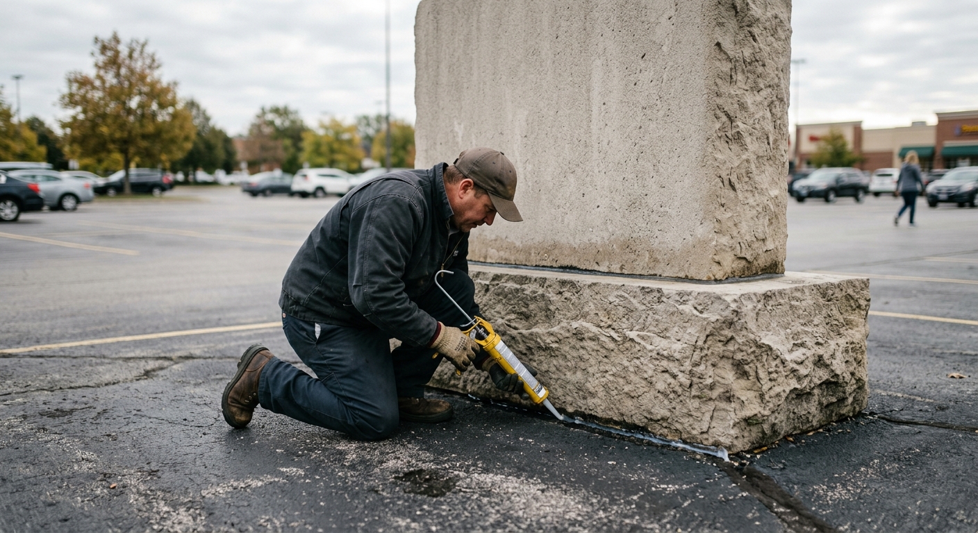 A maintenance worker crouches to apply clear waterproof caulking along the blank stone base of a commercial monument structure in a suburban parking lot under soft, overcast morning light.