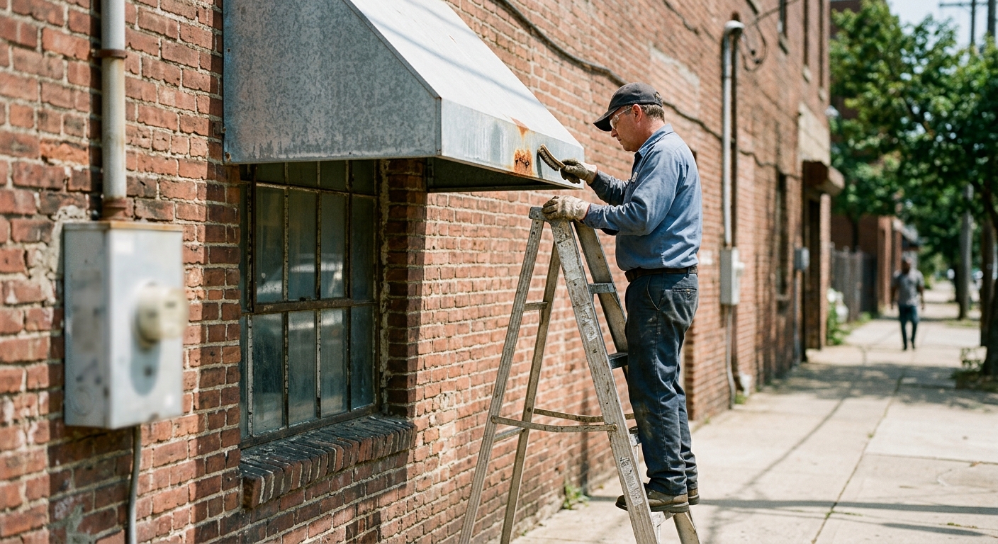 Worker on a ladder inspects a rusty bracket on a blank metal awning outside a brick building in harsh sunlight.