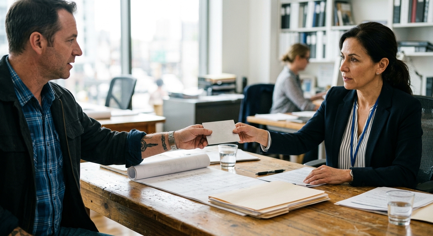 One person hands a solid brushed aluminum sample to another across a wooden desk in a bright, sunlit office.