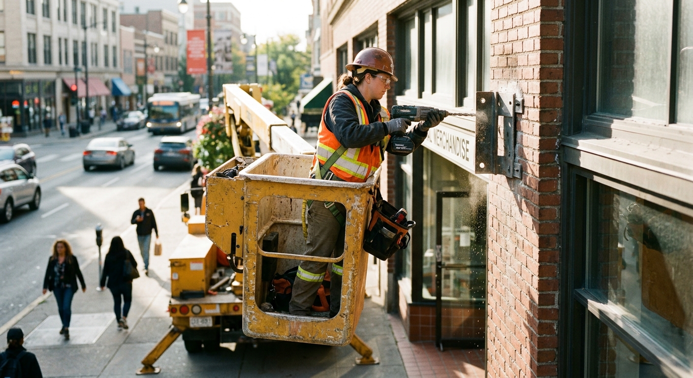 Worker in high-vis vest in a bucket truck drilling metal brackets into a brick storefront in bright sunlight.