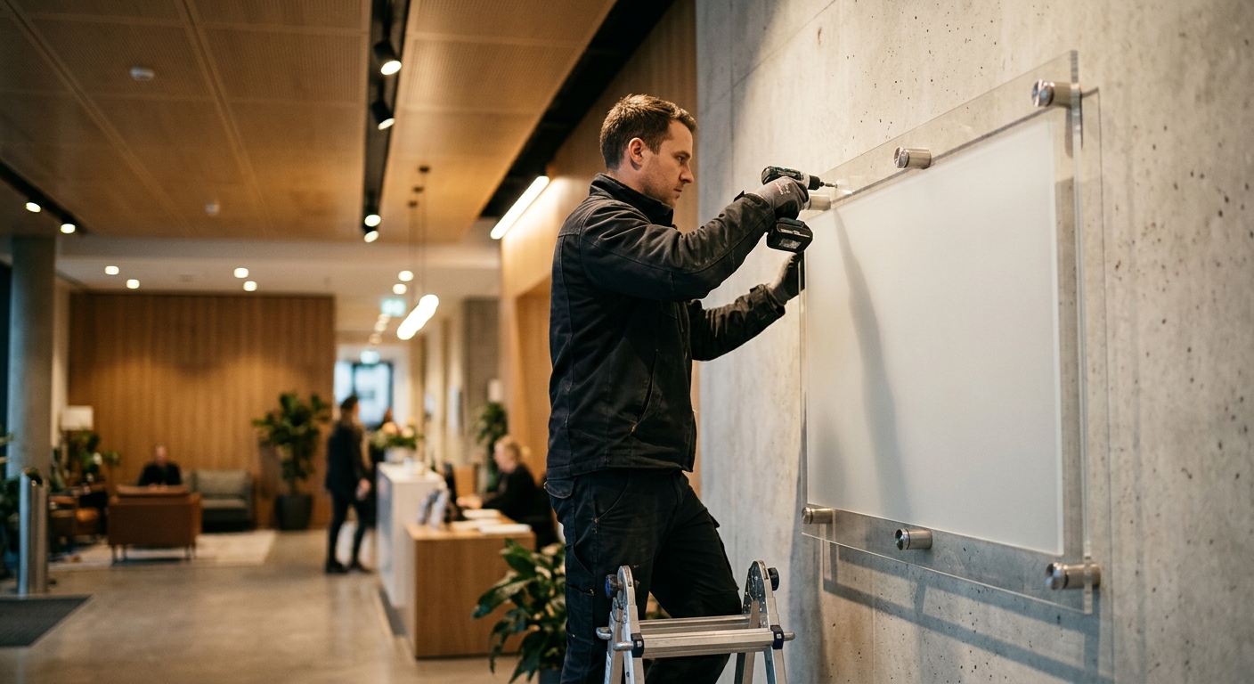 Worker mounts a blank frosted acrylic panel over a clear acrylic sheet on a lobby wall using metal standoffs.